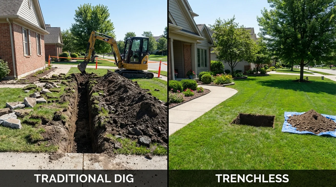 Trenchless sewer repair with minimal yard damage versus traditional excavation in Galva, IL